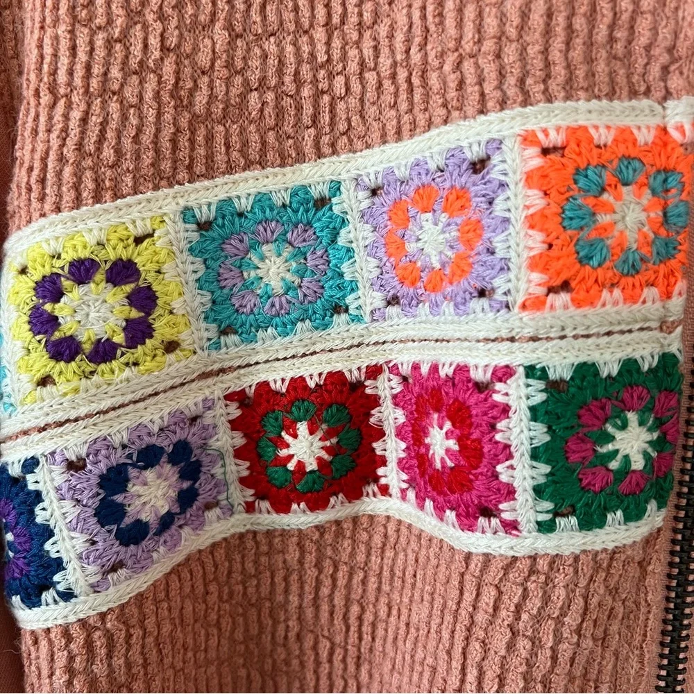 POL NWT Boho Granny Square Crochet Oversized Zip Hoodie L Vintage Wash Peach - Picture 8 of 16